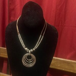 Elegant Silver Pendant Necklace multi strand brown cord 18” button hook